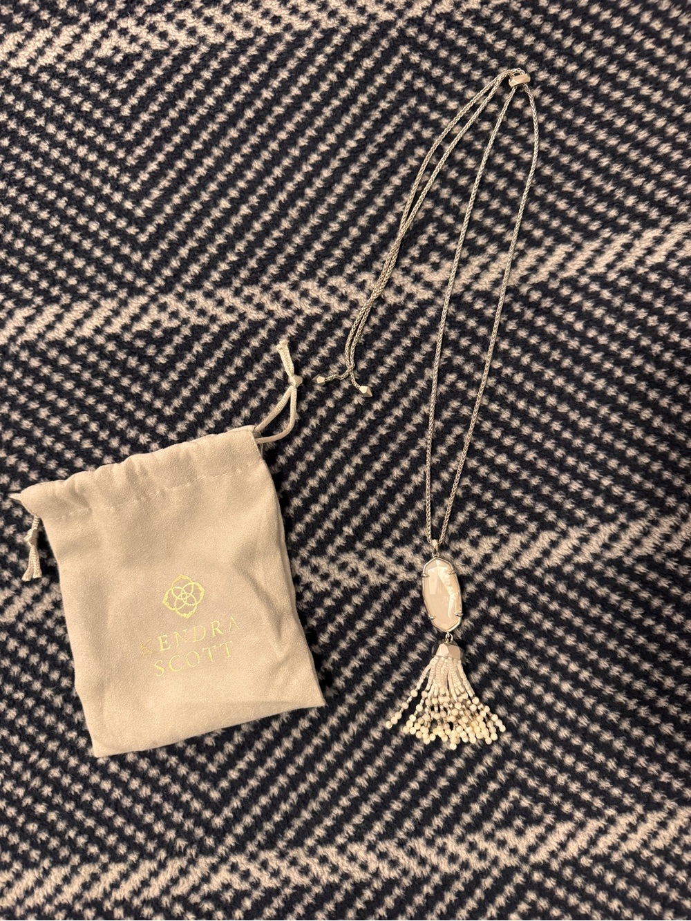Kendra Scott Silver Necklace with Cream Stone and Tassel Pendant